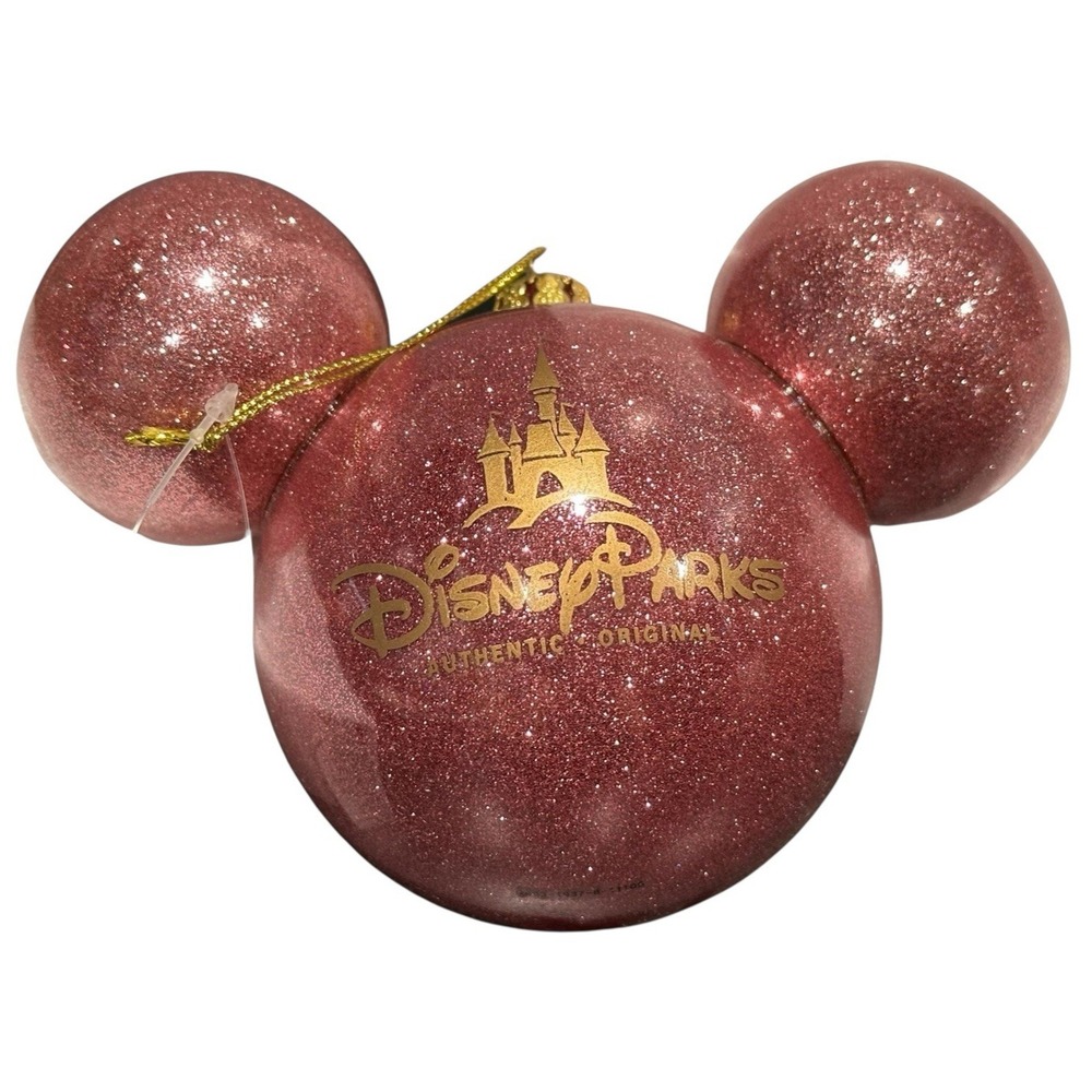 RARE Disney Parks Mickey Icon Ears Glittery Glitter Glass Ball Pink Ornament